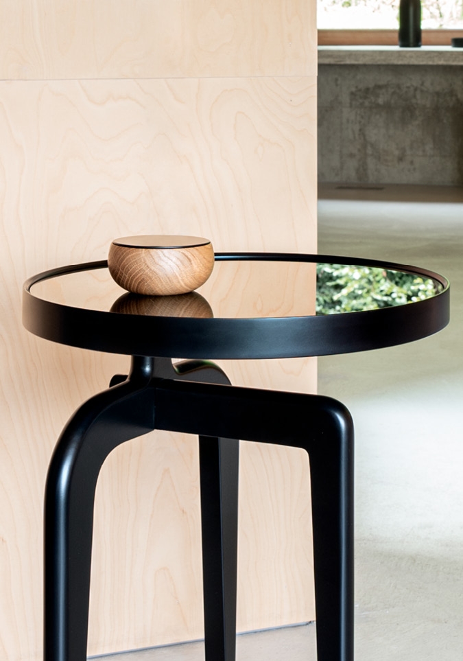 Schönbuch designer side table Ant round solid wood black glass top Bodo Sperlein