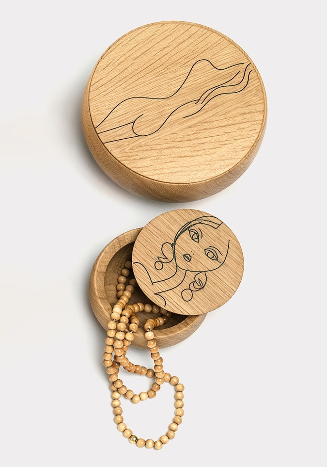 Schönbuch designer bowl solid wood round lid oak illustration Irma Jasmin Khezri
