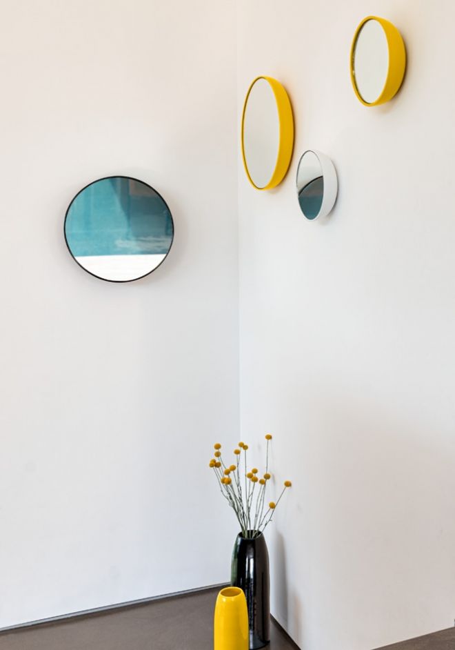 Schönbuch designer wall mirror Bubble ceramic round yellow Sebastian Herkner