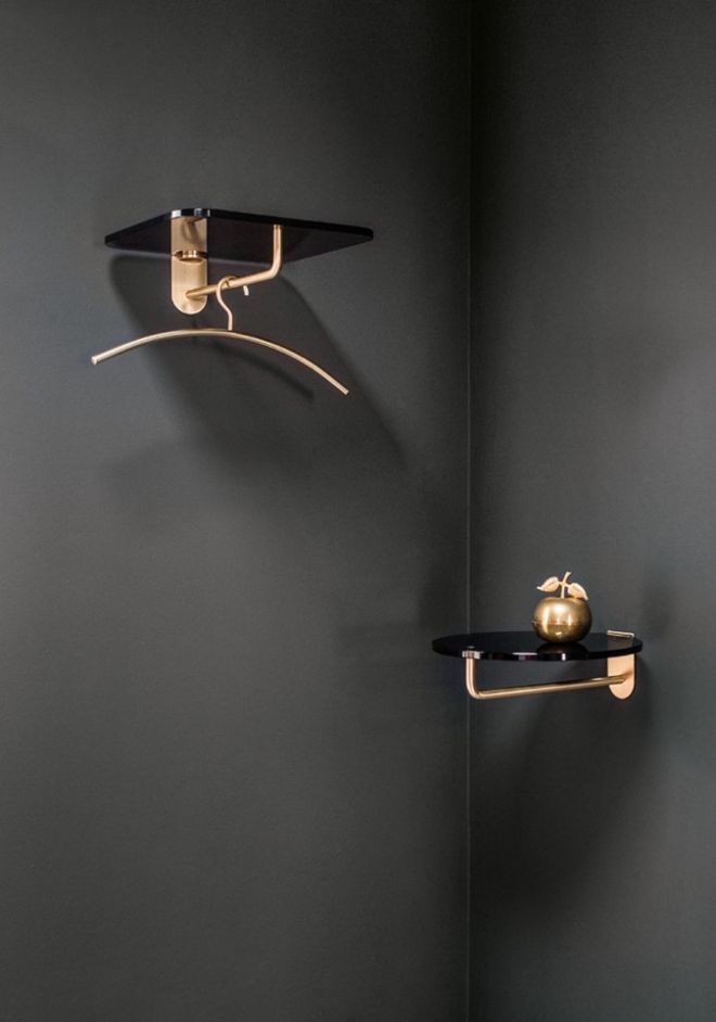 Schönbuch designer coat rack wall-mounted Frisbi brass glass shelf versatile Enrico Tonucci