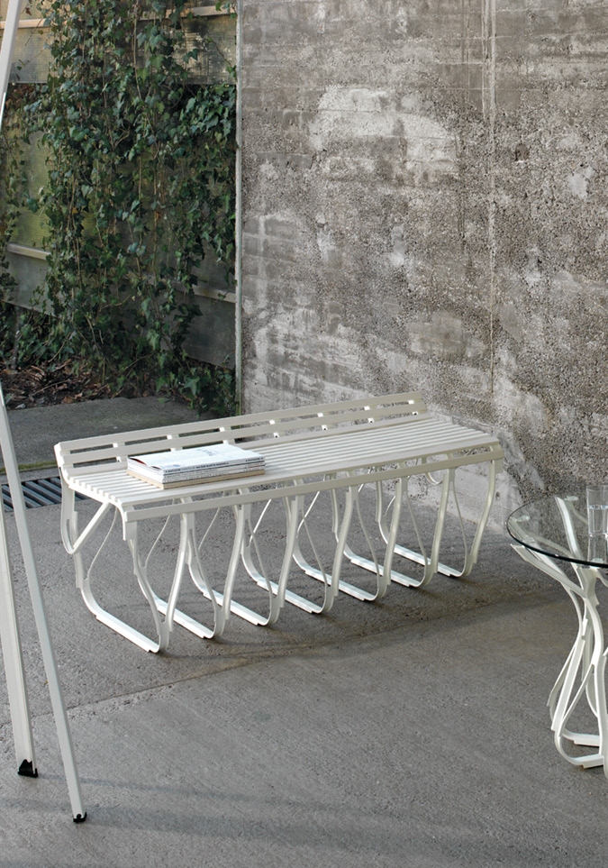Schönbuch designer bench Upon wood strips metal frame modern white Stefan Diez