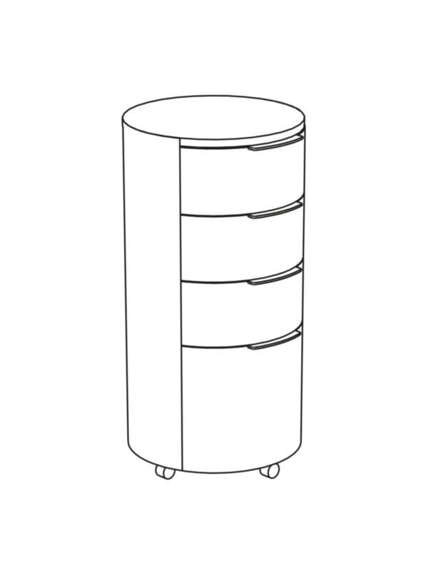 Circular cabinet with four drawers, including one deep drawer at the bottom