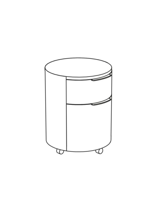 Circular cabinet with regular drawer at top and deeper drawer below