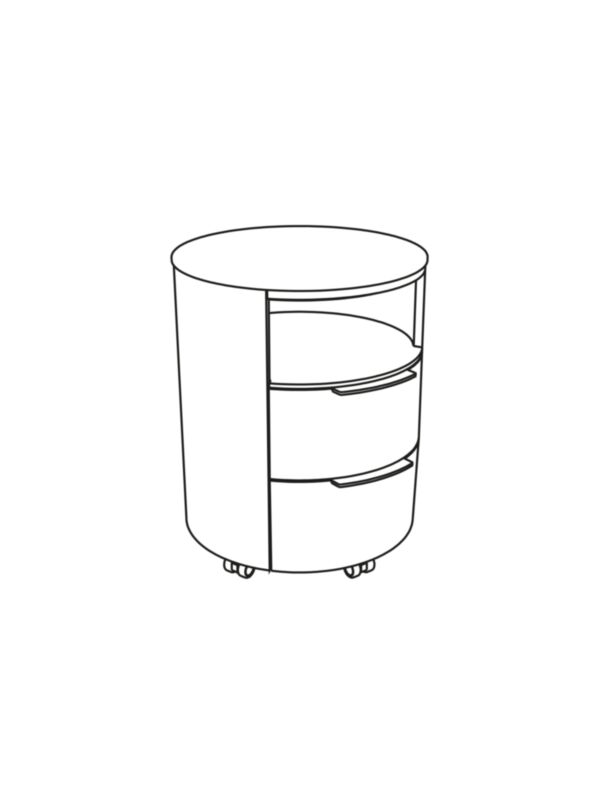 Circular cabinet with one open section at top and two drawers below