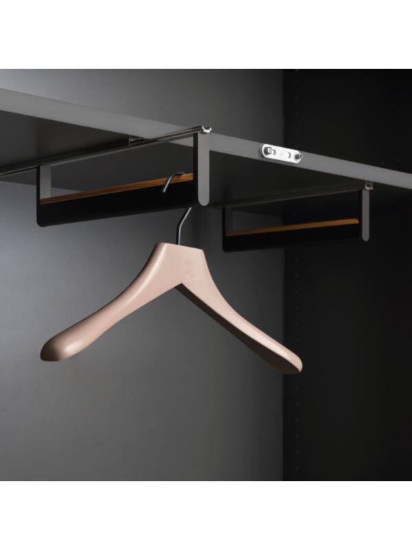 Pull-out hanging rail in black anodised aluminium and with oak trim strip