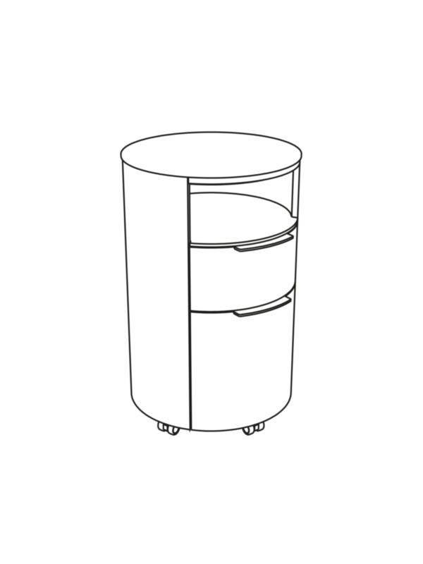 Circular cabinet with open compartment, one middle drawer and one deep drawer at bottom