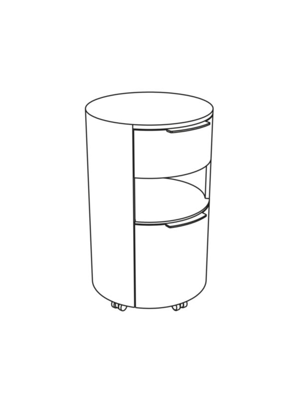 Circular drawer with one drawer at top, one open compartment in the middle and one deep drawer at the bottom