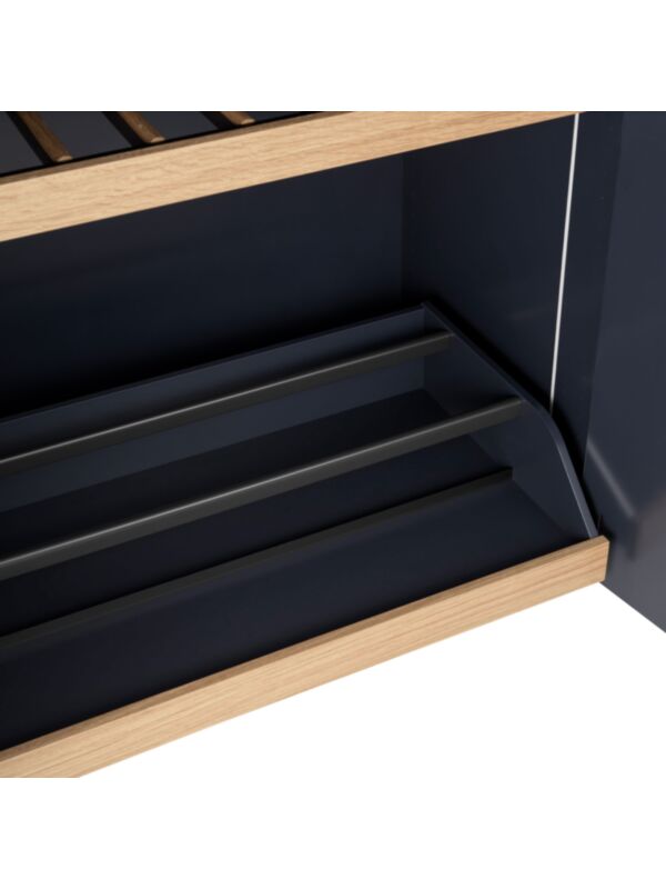 Pull-out shoe shelf with black anodised aluminium strips and oak trim strip