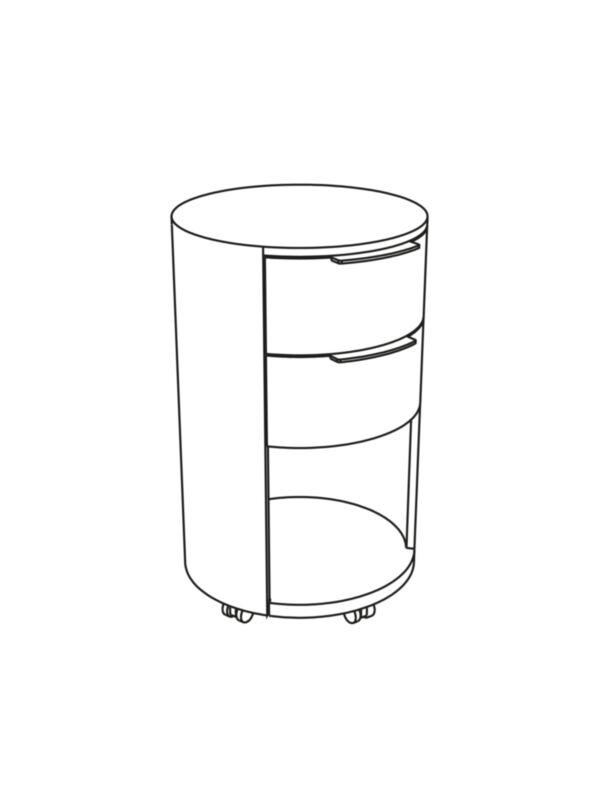 Circular cabinet with two drawers at top and one large open compartment